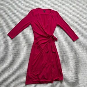 Ann Taylor Bright Pink Wrap Dress 3/4 Sleeve Tie Waist Knee Length: XS